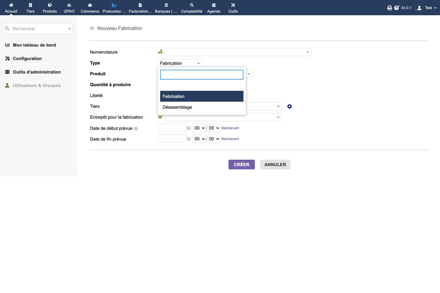 Type drop-down open on the creation form