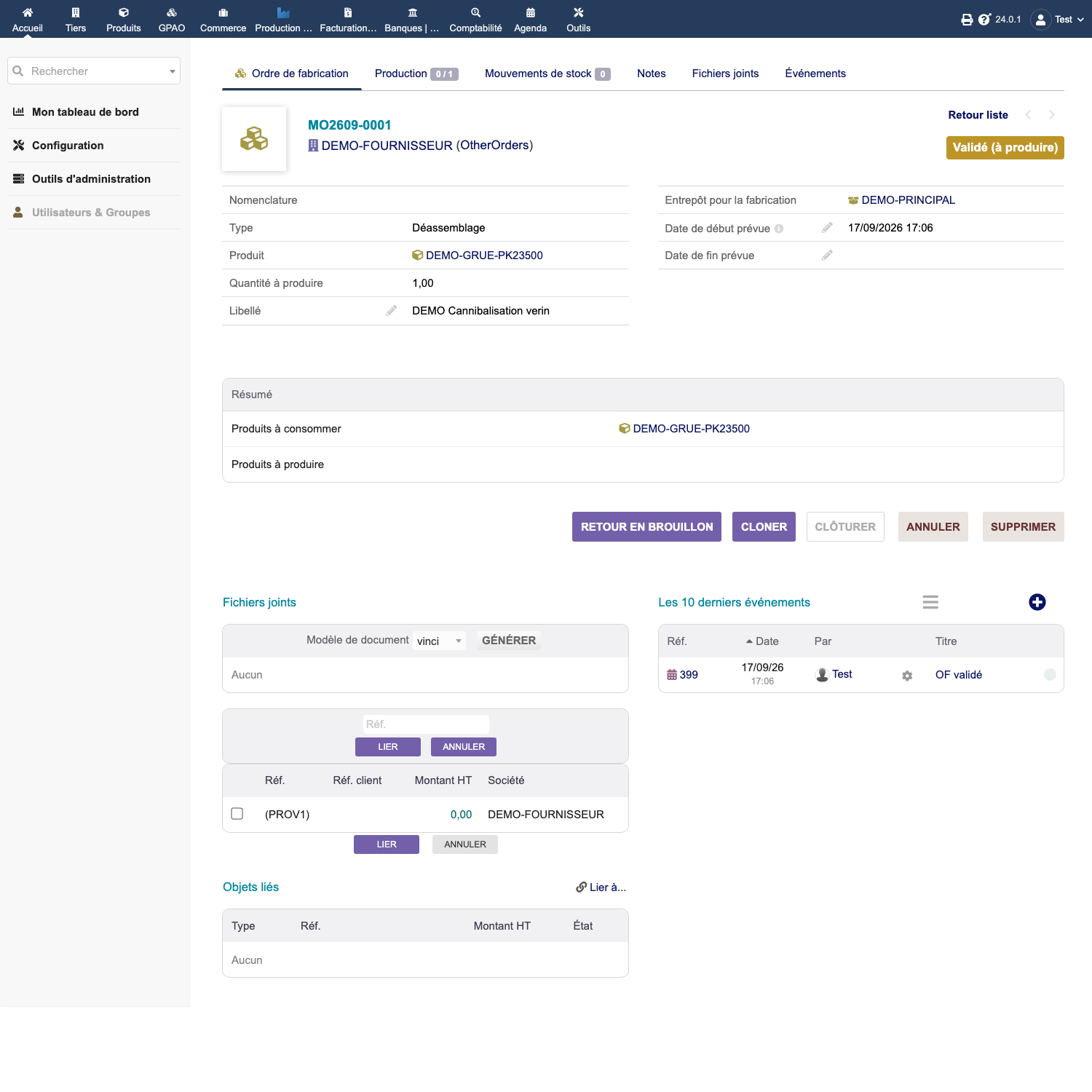Linked objects box and the list of purchase orders