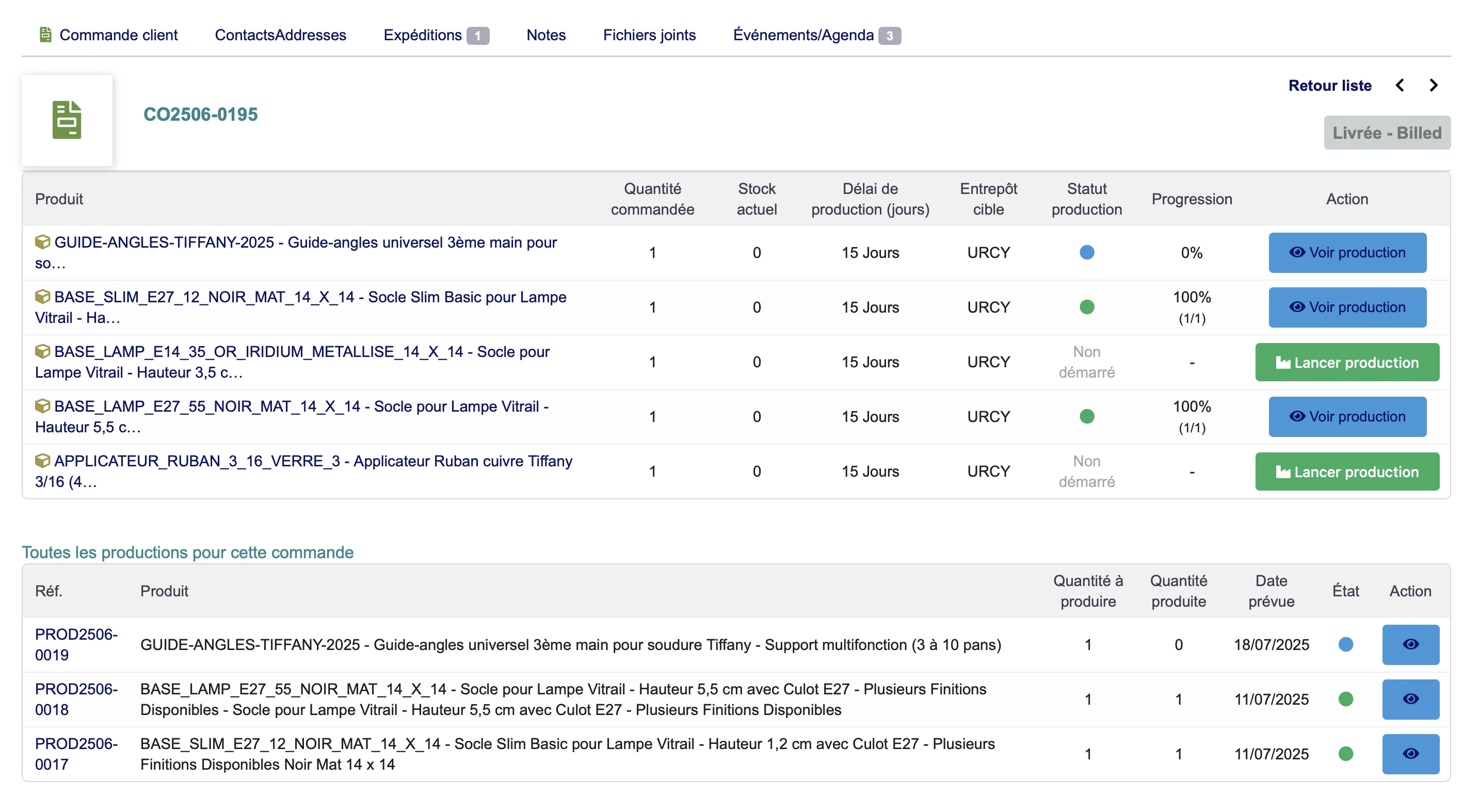 Onglet production sur commande client